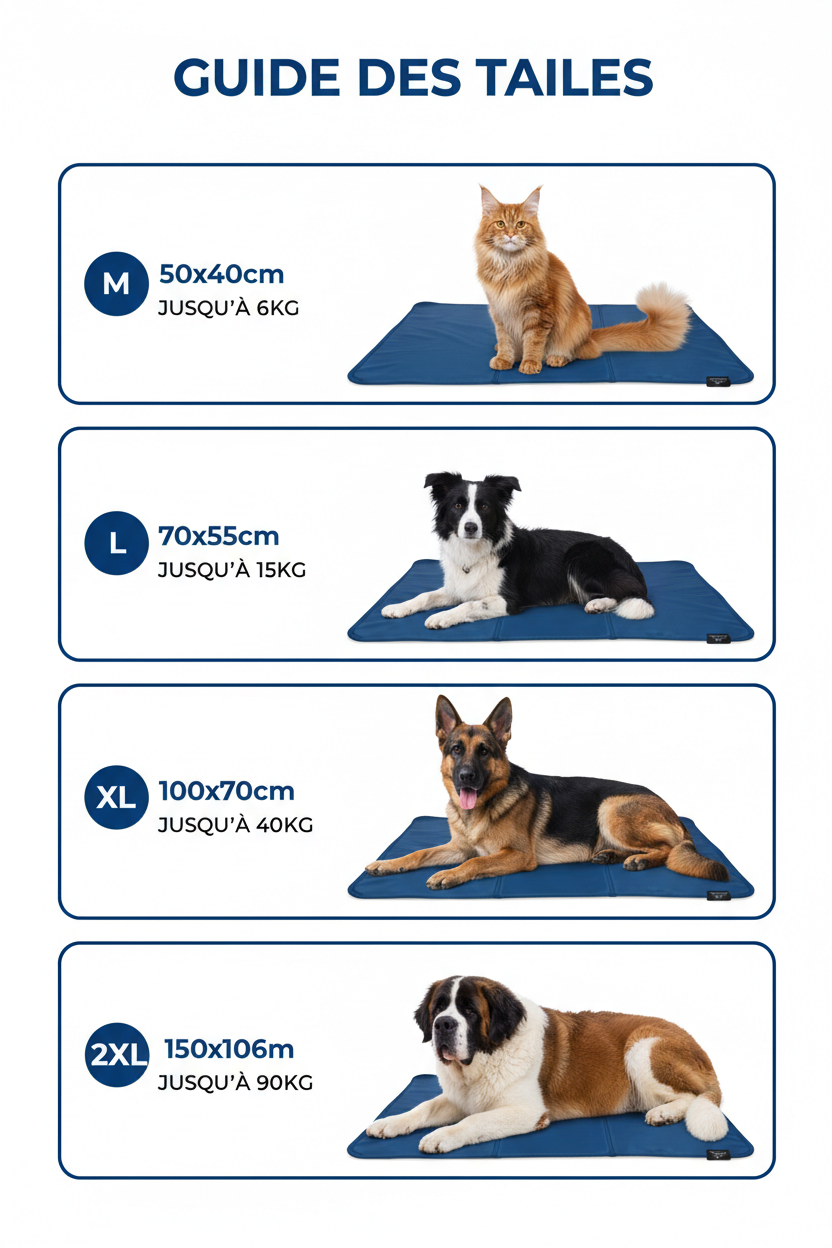 Guide des tailles tapis rafraîchissant - Maine Coon, Border Collie, Berger Allemand, Saint-Bernard
